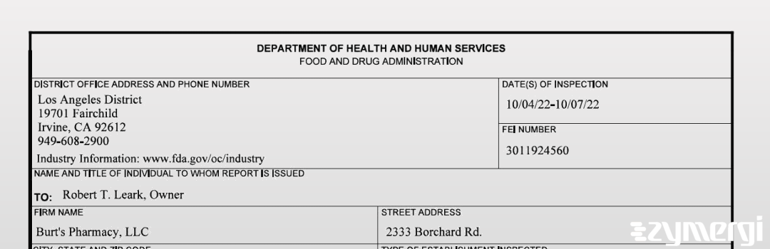 FDANews 483 Burt's Pharmacy, LLC Oct 7 2022 top
