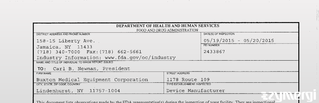 FDANews 483 Buxton Medical Equipment Corporation May 20 2015 top