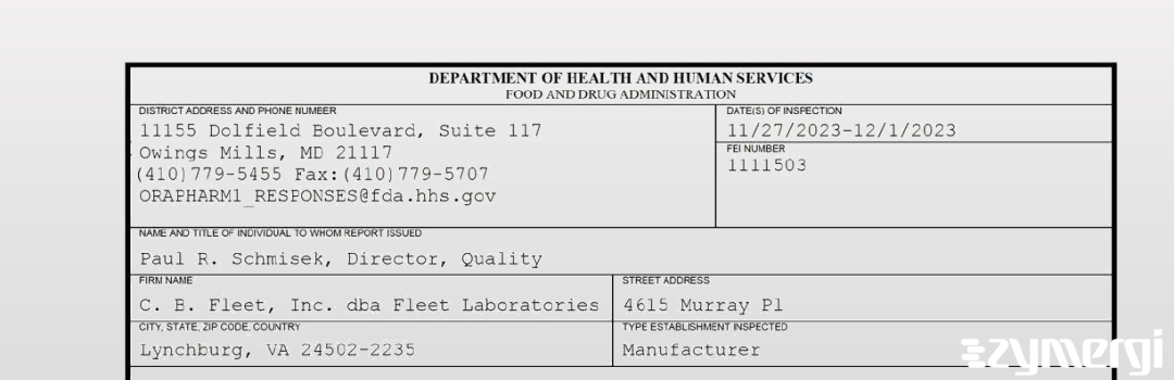 FDANews 483 C. B. Fleet, Inc. dba Fleet Laboratories Dec 1 2023 top