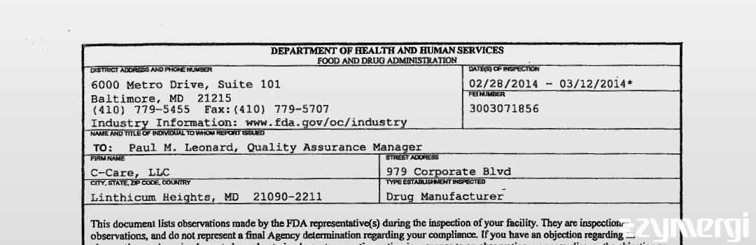 FDANews 483 C-Care, LLC Mar 12 2014 top