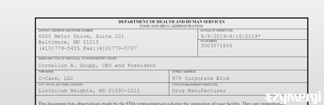 FDANews 483 C-Care, LLC Sep 16 2019 top