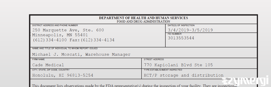 FDANews 483 Cade Medical Mar 5 2019 top