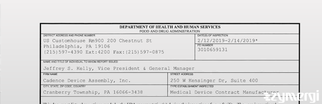 FDANews 483 Cadence Device Assembly, Inc. Feb 14 2019 top