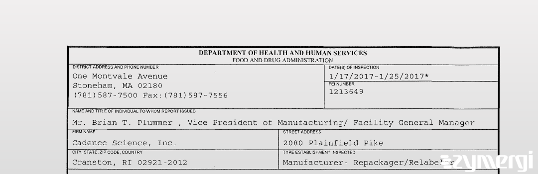 FDANews 483 Cadence Science, Inc. Jan 25 2017 top