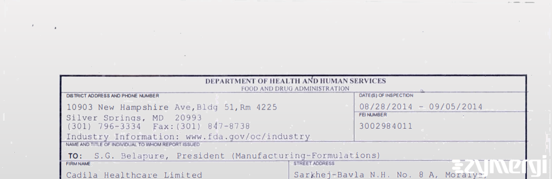 FDAzilla 483 Cadila Healthcare Limited Sep 5 2014 top