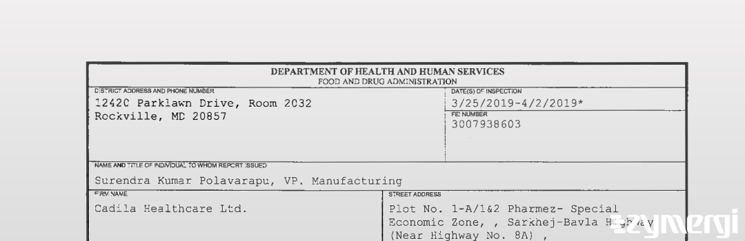 FDANews 483 Cadila Healthcare Ltd. Apr 2 2019 top