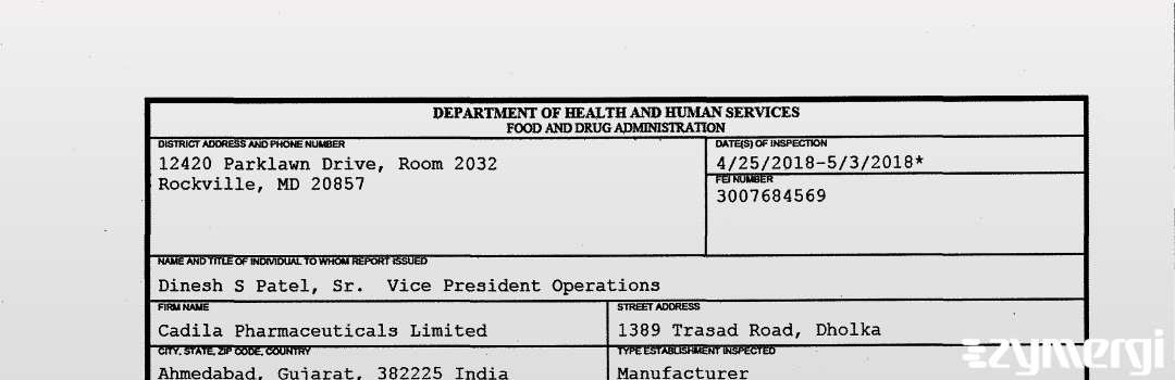 FDANews 483 Cadila Pharmaceuticals Limited May 3 2018 top
