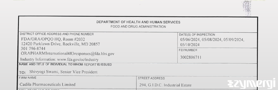 FDANews 483 Cadila Pharmaceuticals Limited May 10 2024 top