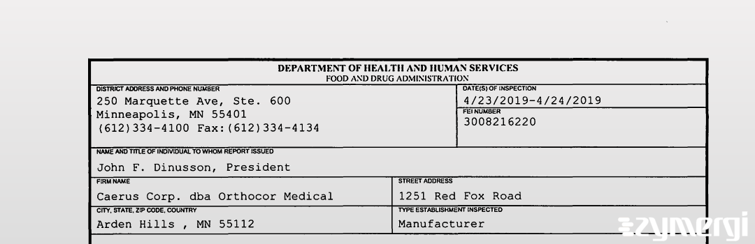 FDANews 483 Caerus Corp. dba Orthocor Medical Apr 24 2019 top