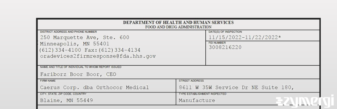 FDANews 483 Caerus Corp. dba Orthocor Medical Nov 22 2022 top