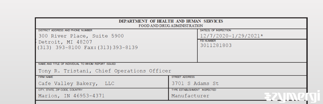 FDANews 483 Cafe Valley Bakery, LLC Jan 29 2021 top