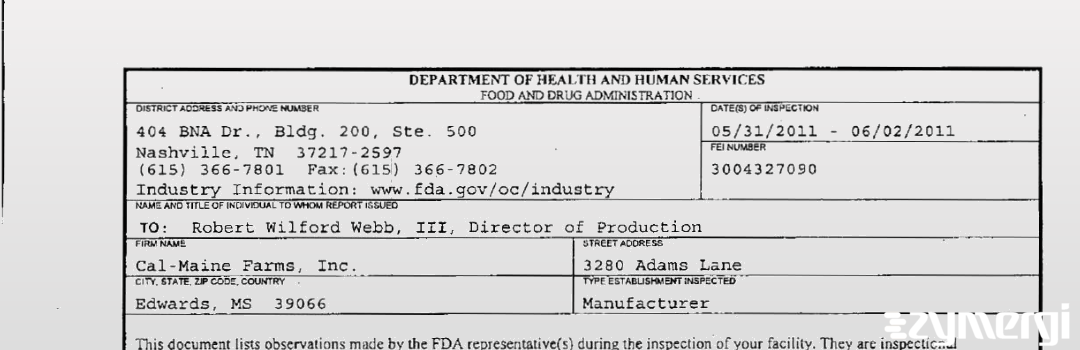 FDANews 483 Cal-Maine Foods, Inc. Jun 2 2011 top