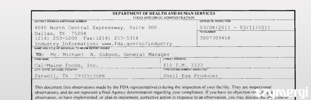 FDANews 483 Cal-Maine Foods, Inc. Mar 11 2011 top