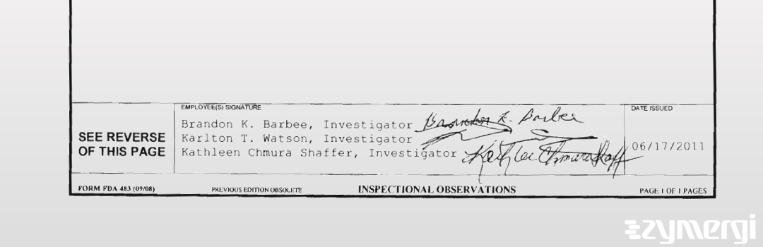 Brandon K. Barbee FDA Investigator Kathleen Chmura Shaffer FDA Investigator Chmura Shaffer, Kathleen FDA Investigator 