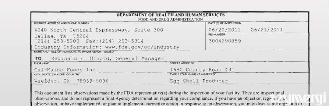 FDANews 483 Cal-Maine Foods, Inc. Jun 21 2011 top