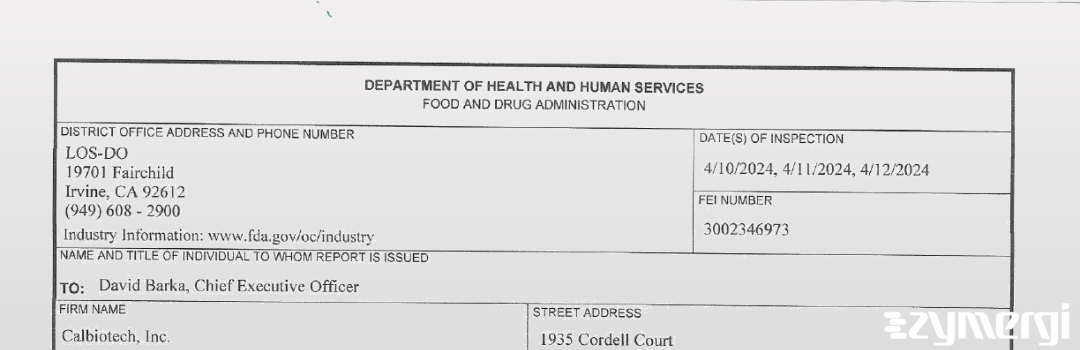 FDANews 483 Calbiotech Inc Apr 12 2024 top
