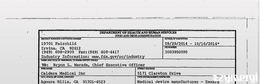 FDANews 483 Caldera Medical Inc Oct 10 2014 top