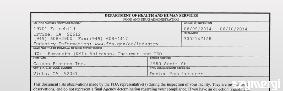 FDAzilla 483 Caldon Biotech Inc. Jun 10 2014 top