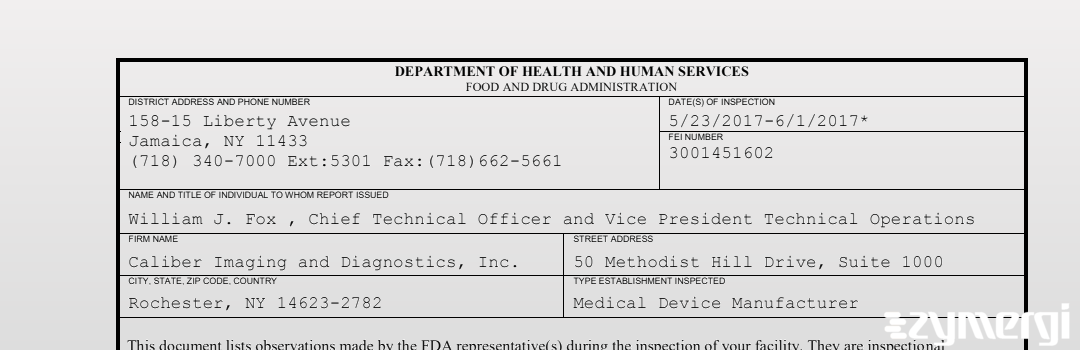 FDANews 483 Caliber Imaging and Diagnostics, Inc. Jun 1 2017 top