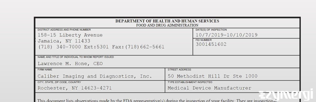 FDANews 483 Caliber Imaging and Diagnostics, Inc. Oct 10 2019 top