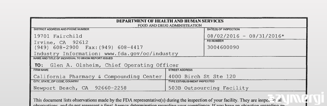 FDANews 483 California Pharmacy & Compounding Center Aug 31 2016 top