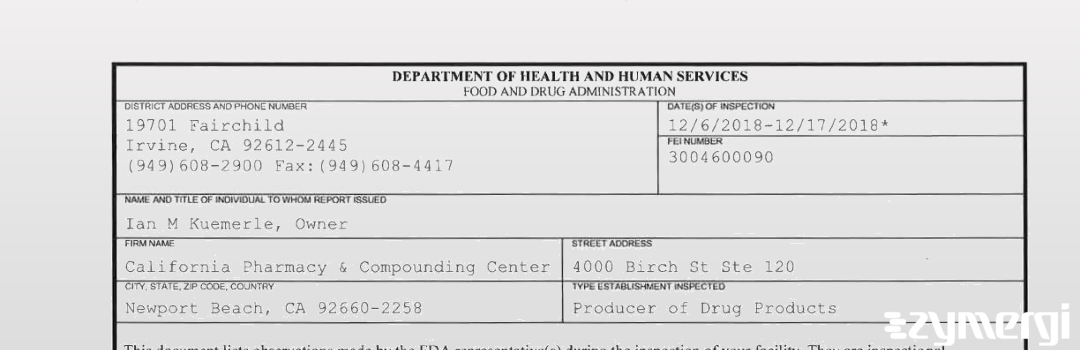 FDANews 483 California Pharmacy & Compounding Center Dec 17 2018 top