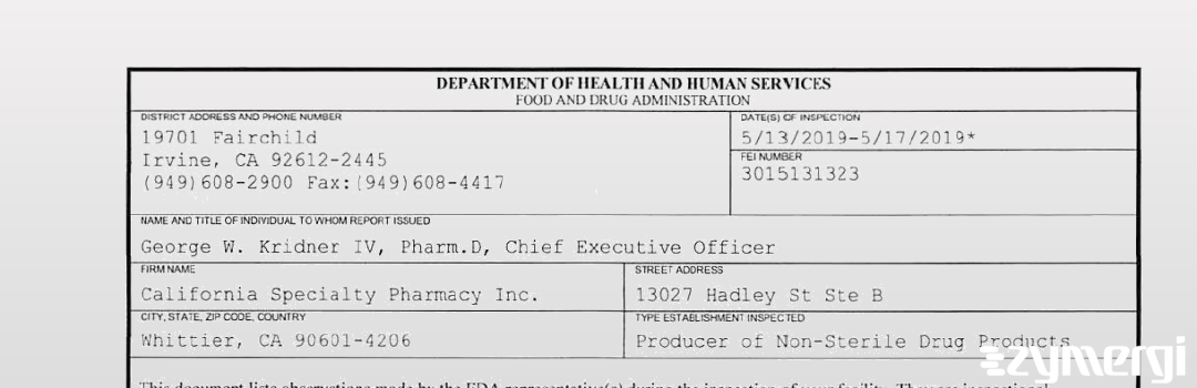 FDANews 483 California Specialty Pharmacy Inc. May 17 2019 top