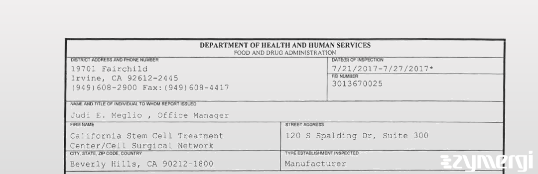 FDANews 483 California Stem Cell Treatment Center, Inc Jul 27 2017 top