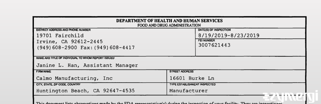 FDANews 483 Calmo Manufacturing, Inc Aug 23 2019 top