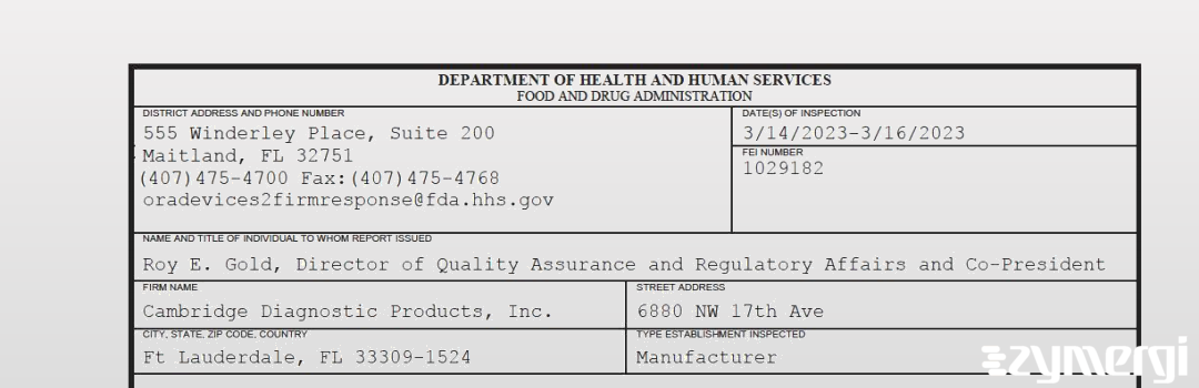 FDANews 483 Cambridge Diagnostic Products, Inc. Mar 16 2023 top