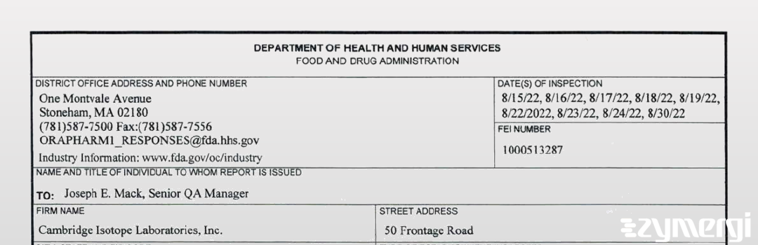 FDANews 483 Cambridge Isotope Laboratories, Inc. Aug 30 2022 top