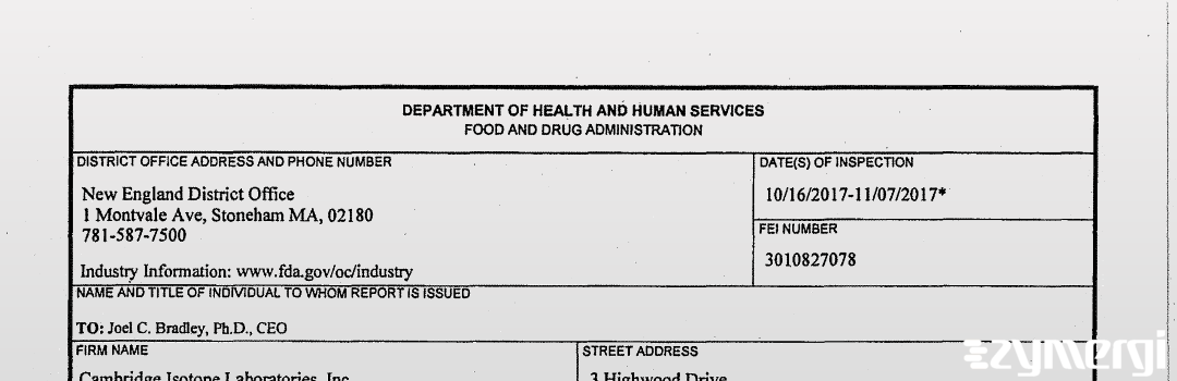 FDANews 483 Cambridge Isotope Laboratories, Inc. Nov 7 2017 top