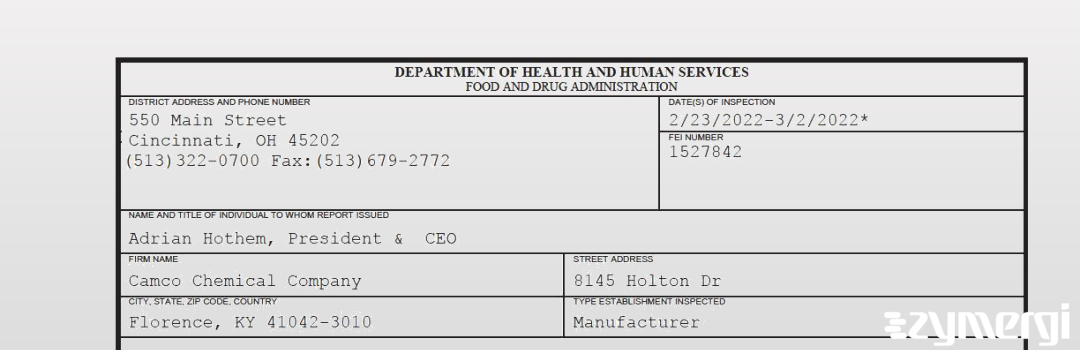 FDANews 483 Camco Chemical Company Mar 2 2022 top