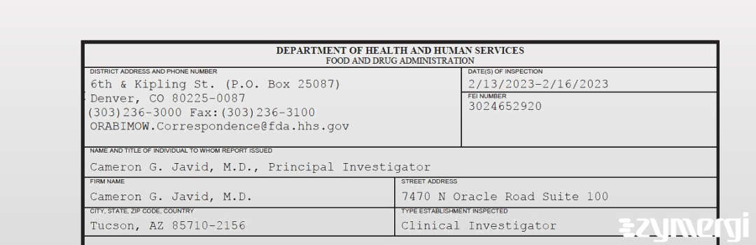 FDANews 483 Cameron G. Javid, M.D. Feb 16 2023 top