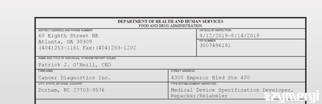 FDANews 483 Cancer Diagnostics Inc. Aug 14 2019 top