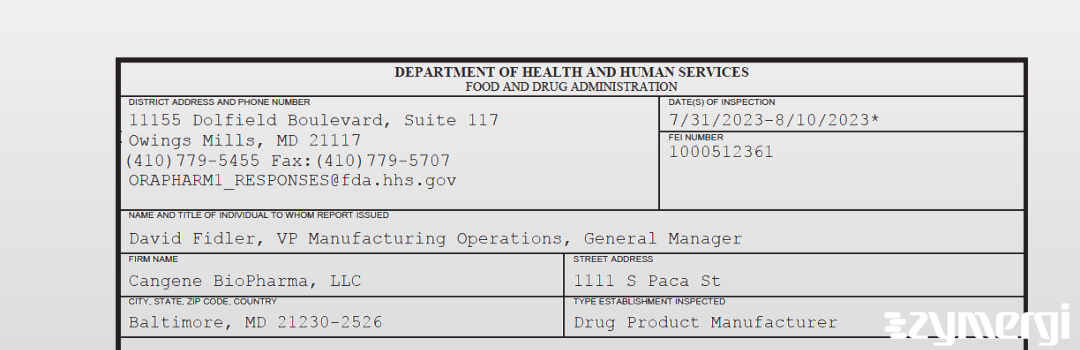 FDANews 483 Cangene BioPharma, LLC Aug 10 2023 top