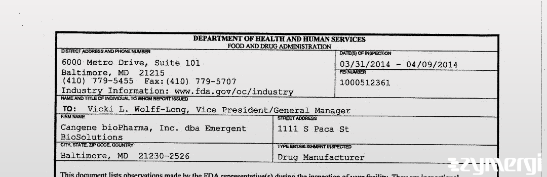 FDANews 483 Cangene bioPharma, Inc. dba Emergent BioSolutions Apr 9 2014 top