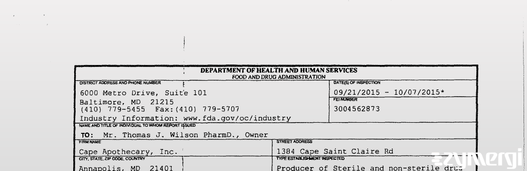 FDANews 483 Cape Apothecary, Inc. Oct 7 2015 top