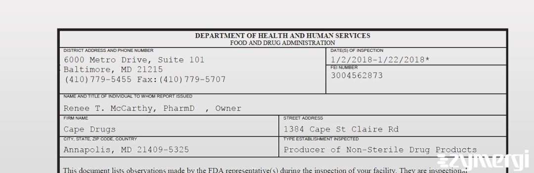 FDANews 483 Cape Drugs Jan 22 2018 top