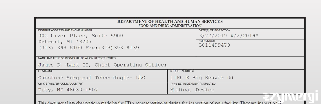 FDANews 483 Capstone Surgical Technologies LLC Apr 2 2019 top