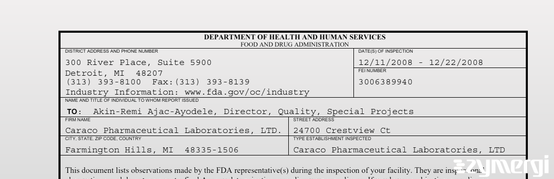 FDANews 483 Caraco Pharmaceutical Laboratories, LTD. Dec 22 2008 top