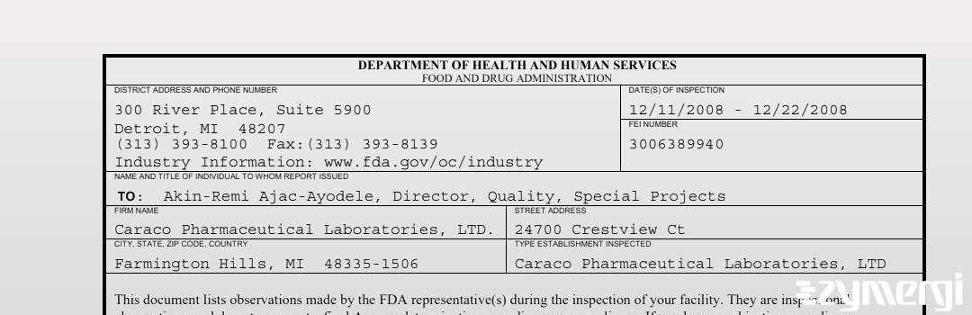 FDANews 483 Caraco Pharmaceutical Laboratories, LTD. Dec 22 2008 top