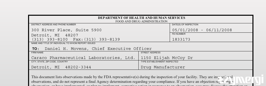 FDANews 483 Caraco Pharmaceutical Laboratories, LTD. Jun 11 2008 top