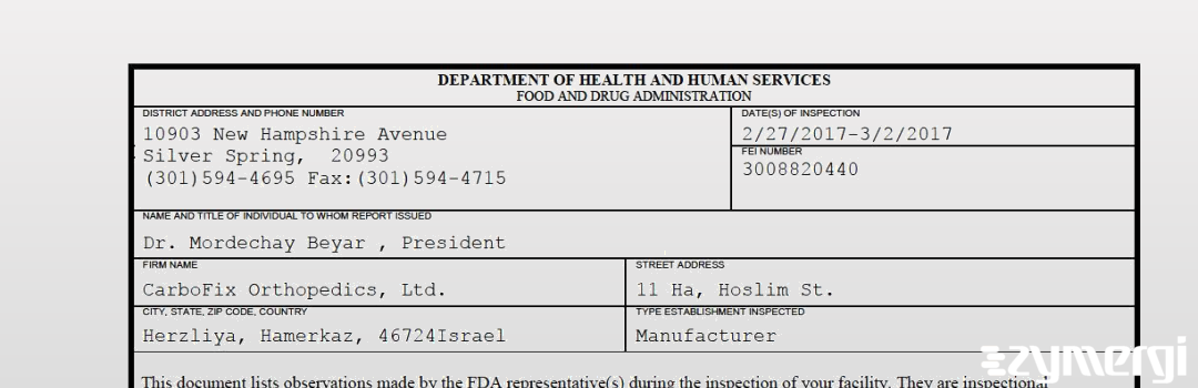 FDANews 483 CarboFix Orthopedics, Ltd. Mar 2 2017 top