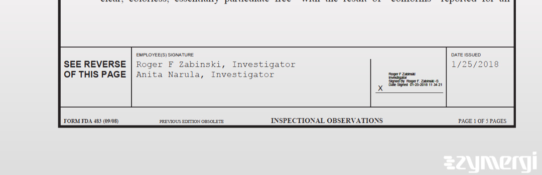 Roger F. Zabinski FDA Investigator Anita Narula FDA Investigator 