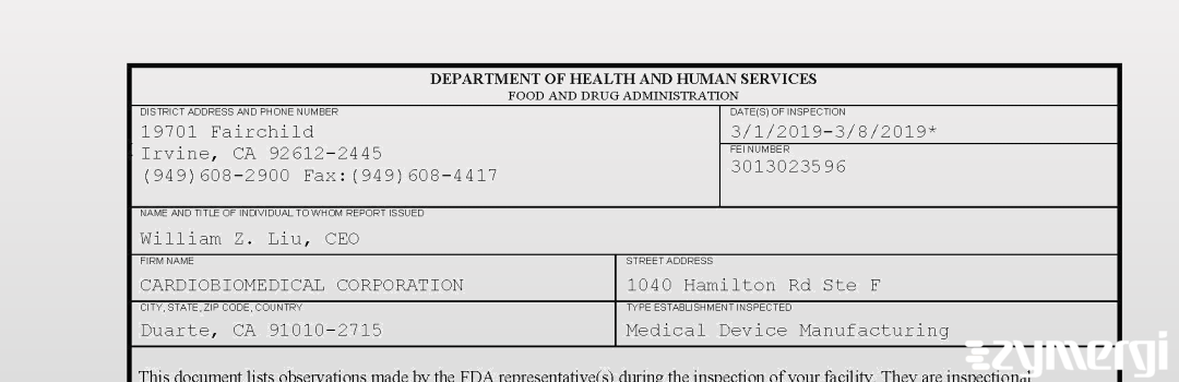 FDANews 483 CARDIOBIOMEDICAL CORPORATION Mar 8 2019 top