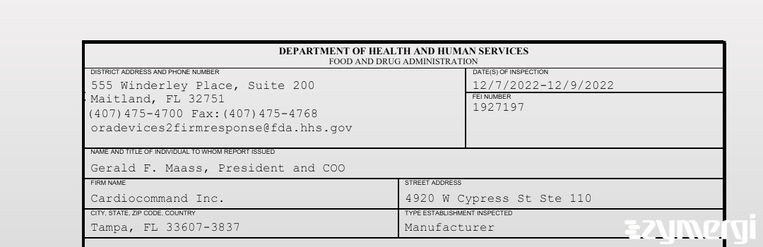 FDANews 483 Cardiocommand Inc. Dec 9 2022 top