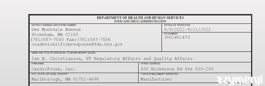 FDANews 483 CardioFocus, Inc. Aug 11 2022 top