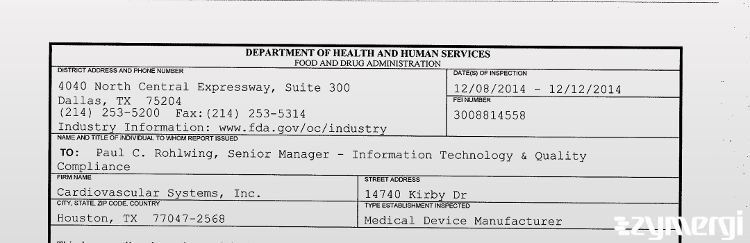 FDANews 483 Cardiovascular Systems Inc Dec 12 2014 top