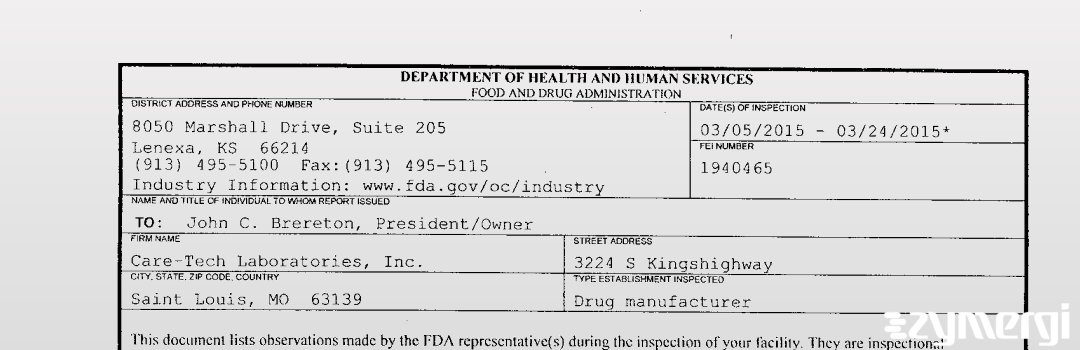 FDANews 483 Care-Tech Laboratories, Inc. Mar 24 2015 top